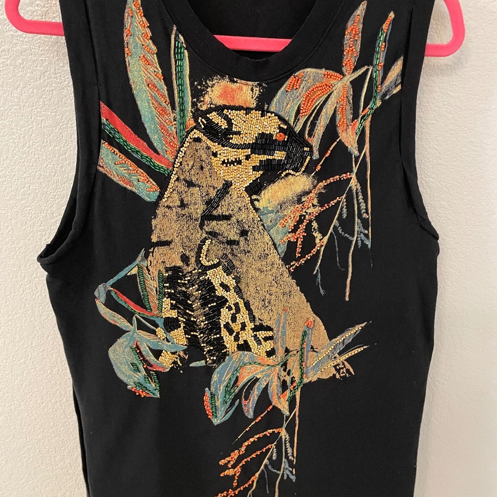 FREE PEOPLE Jungle Bay Beaded Safari Muscle Tee Tunic Black Lightweight Size S